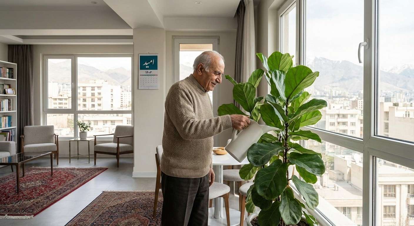 سالمندی که با مراقبت از یک گیاه، نمادی از امید و بازگشت تدریجی به زندگی را نشان می‌دهد.