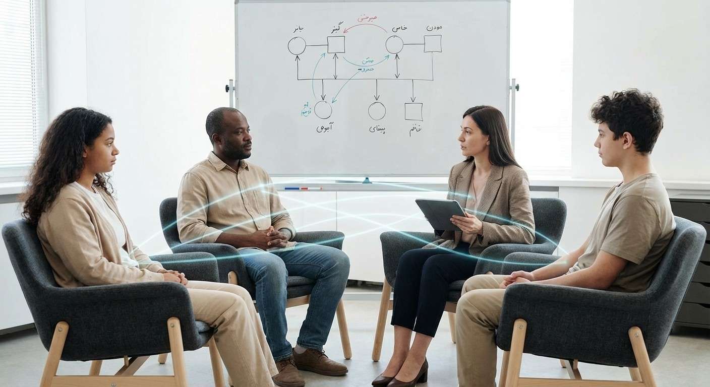 تصویری مفهومی از اعضای یک خانواده که با خطوط نامرئی به هم متصل هستند، نماد رویکرد سیستمی به روابط.