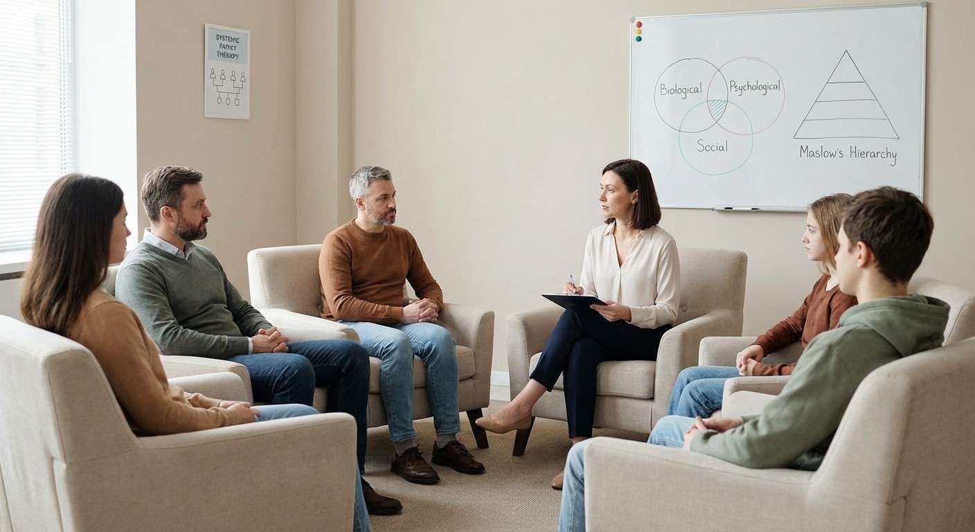 اعضای یک خانواده در حال صحبت کردن با یکدیگر به صورت دایره‌ای، که نشان‌دهنده ارتباط باز و مستقیم است.