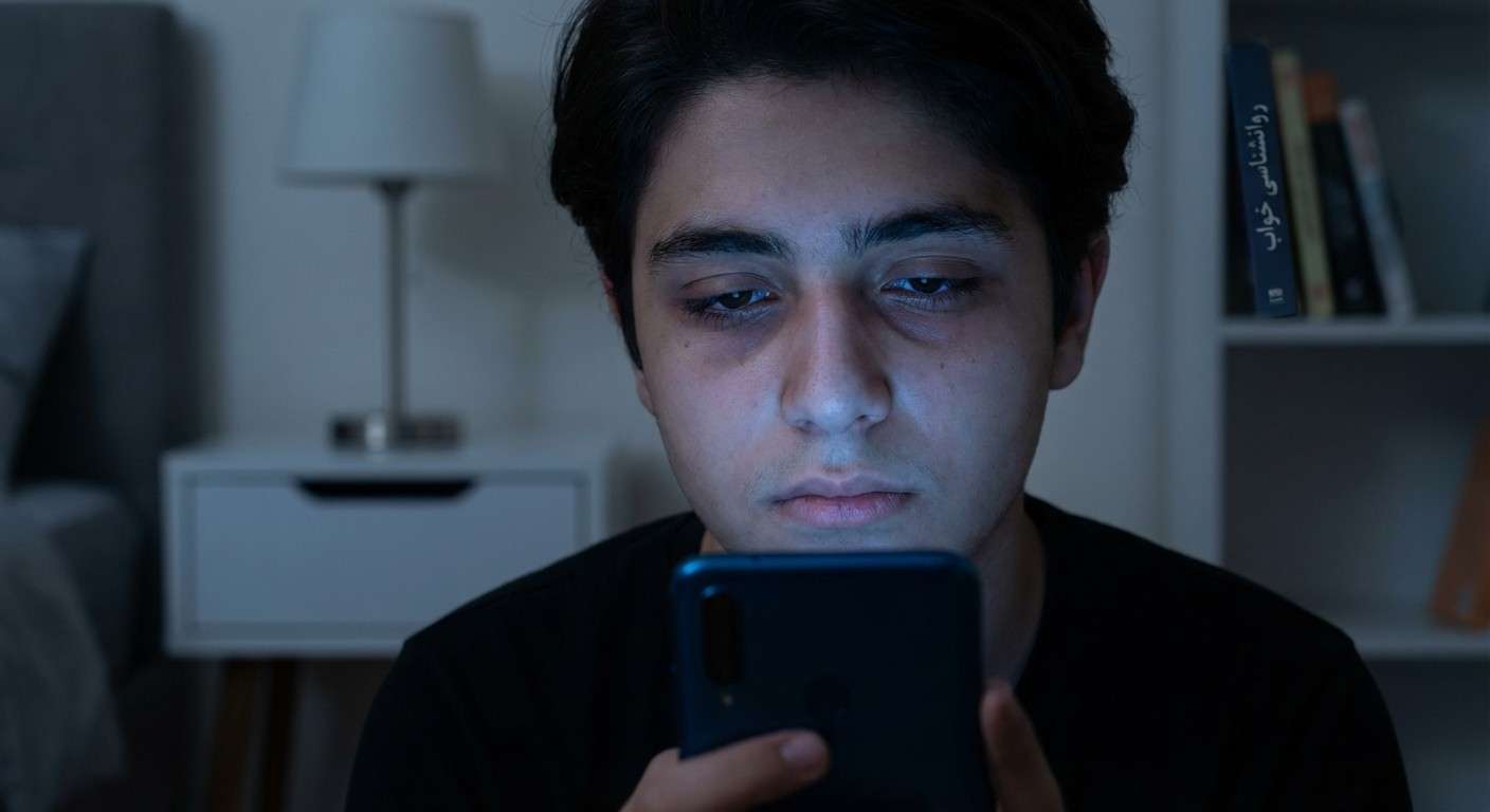 چهره نوجوانی که در تاریکی شب با نور آبی گوشی هوشمند روشن شده و خسته به نظر می‌رسد، نمادی از اختلال خواب در عصر دیجیتال.