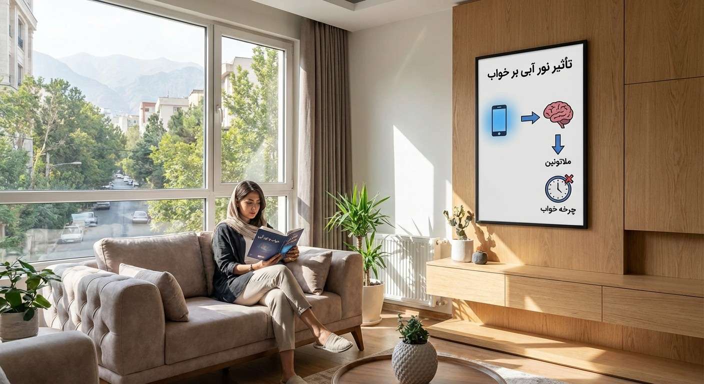 نموداری ساده که تأثیر نور آبی بر کاهش هورمون ملاتونین و اختلال در چرخه خواب را نشان می‌دهد.