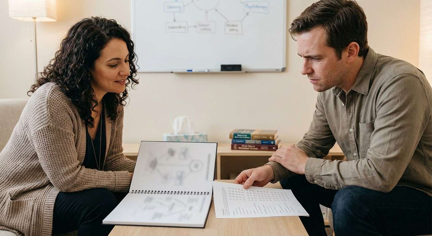 یک درمانگر و مراجع که به یک پروفایل گرافیکی پیچیده نگاه می‌کنند، نمادی از کاوش عمیق و ساختاریافته در هویت.