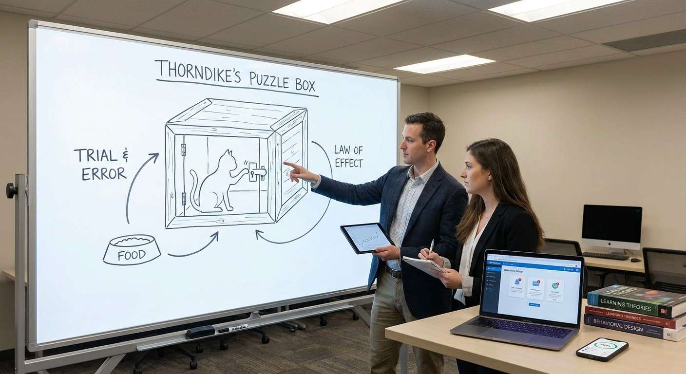 تصویر شماتیک از یک گربه در جعبه معمای ثرندایک که در حال تلاش برای رسیدن به غذا در بیرون جعبه است.