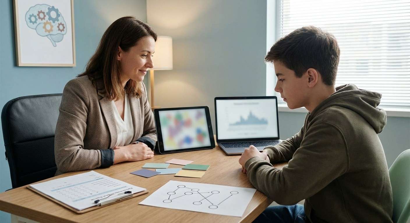 مفهوم آزمون ترسیمی مسیر (TMT) که مسیرهای عددی و حرفی را برای سنجش سرعت پردازش و انعطاف‌پذیری توجه نشان می‌دهد.