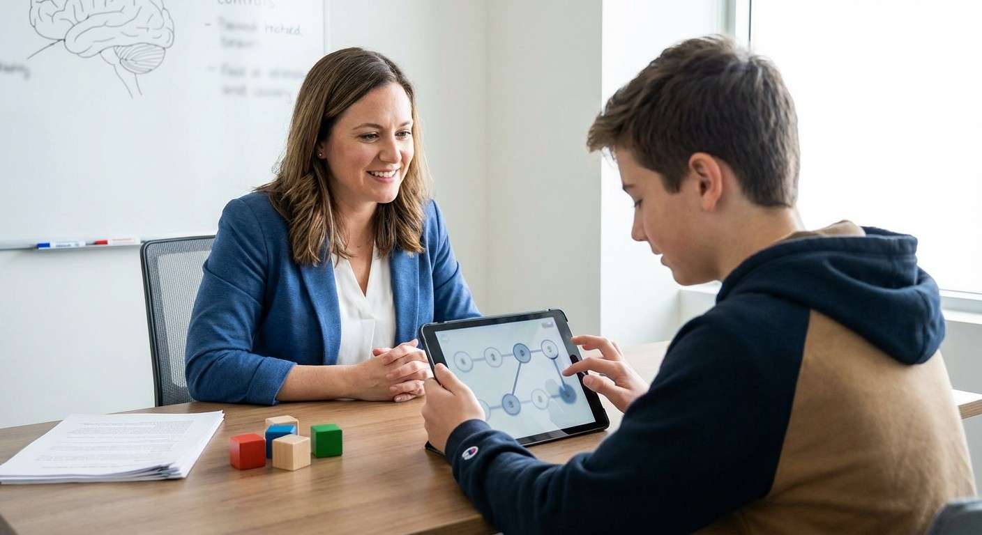 تصویر گرافیکی از بخش B آزمون TMT که اتصال متناوب بین اعداد و حروف را نشان می‌دهد (1 به الف، الف به 2 و...).