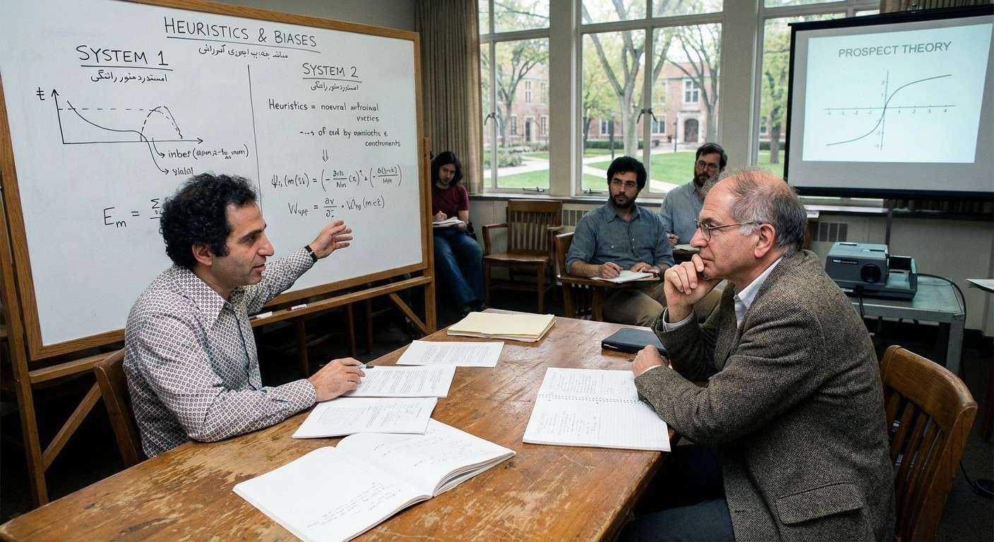 تصویری مفهومی از آموس تورسکی و دنیل کانمن که معماری غیرمنطقی ذهن انسان و خطاهای شناختی را به تصویر می‌کشد.