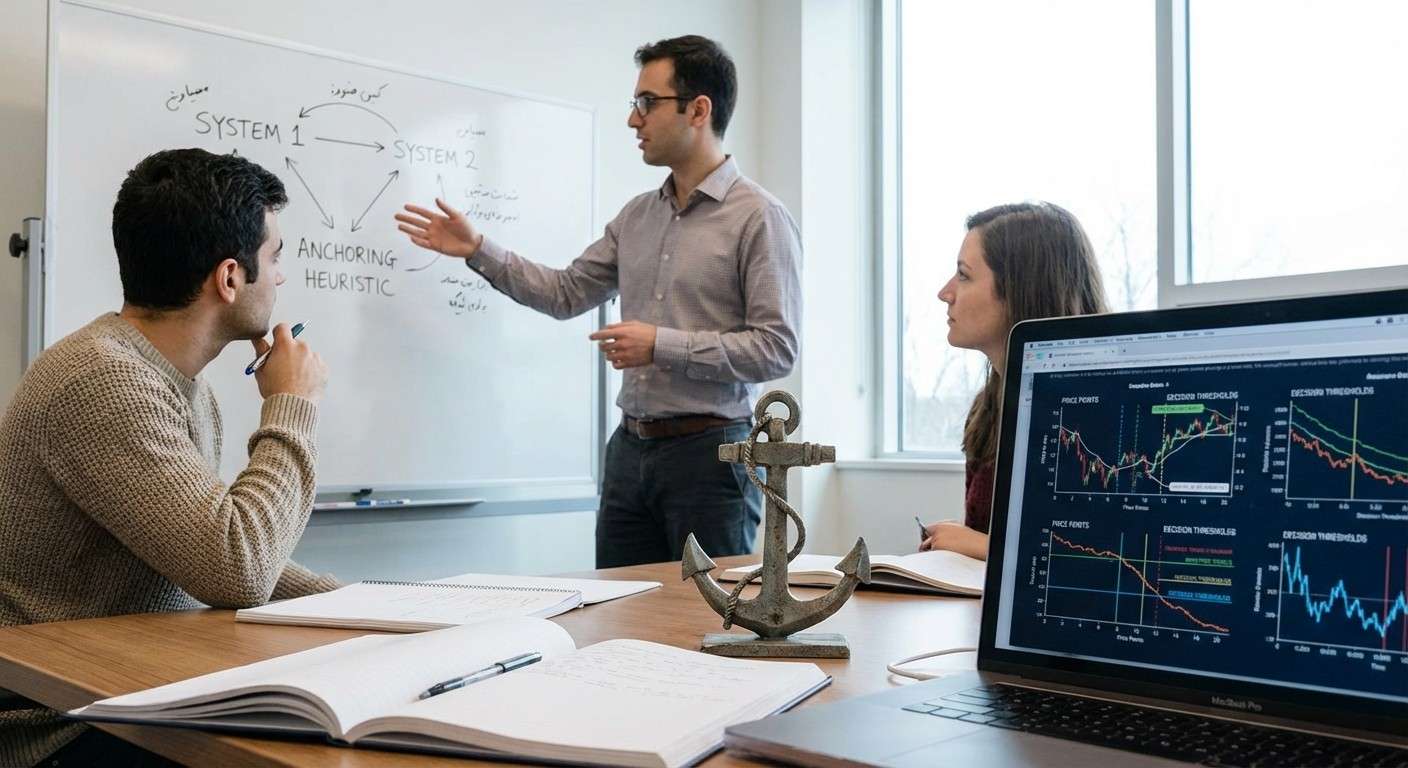 تصویری از یک لنگر کشتی که در کنار نمودارهای قیمت و تصمیم‌گیری قرار گرفته است، نمادی از هیوریستیک لنگرگذاری.