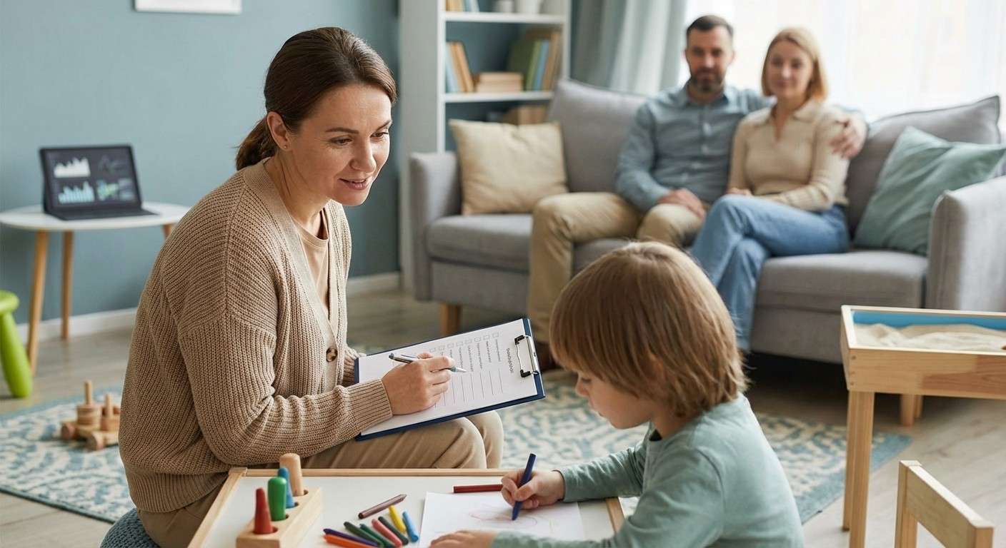 یک روانشناس کودک در حال صحبت با یک کودک در یک اتاق بازی درمانی با حضور والدین در پس‌زمینه.