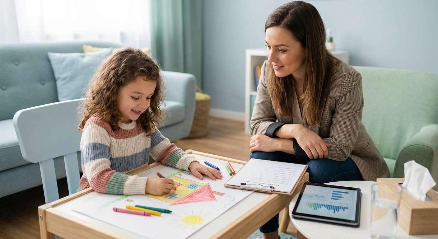 کودکی در حال نقاشی کردن یک تصویر شاد در یک محیط امن و حمایتی، نمادی از بهبودی پس از تروما.