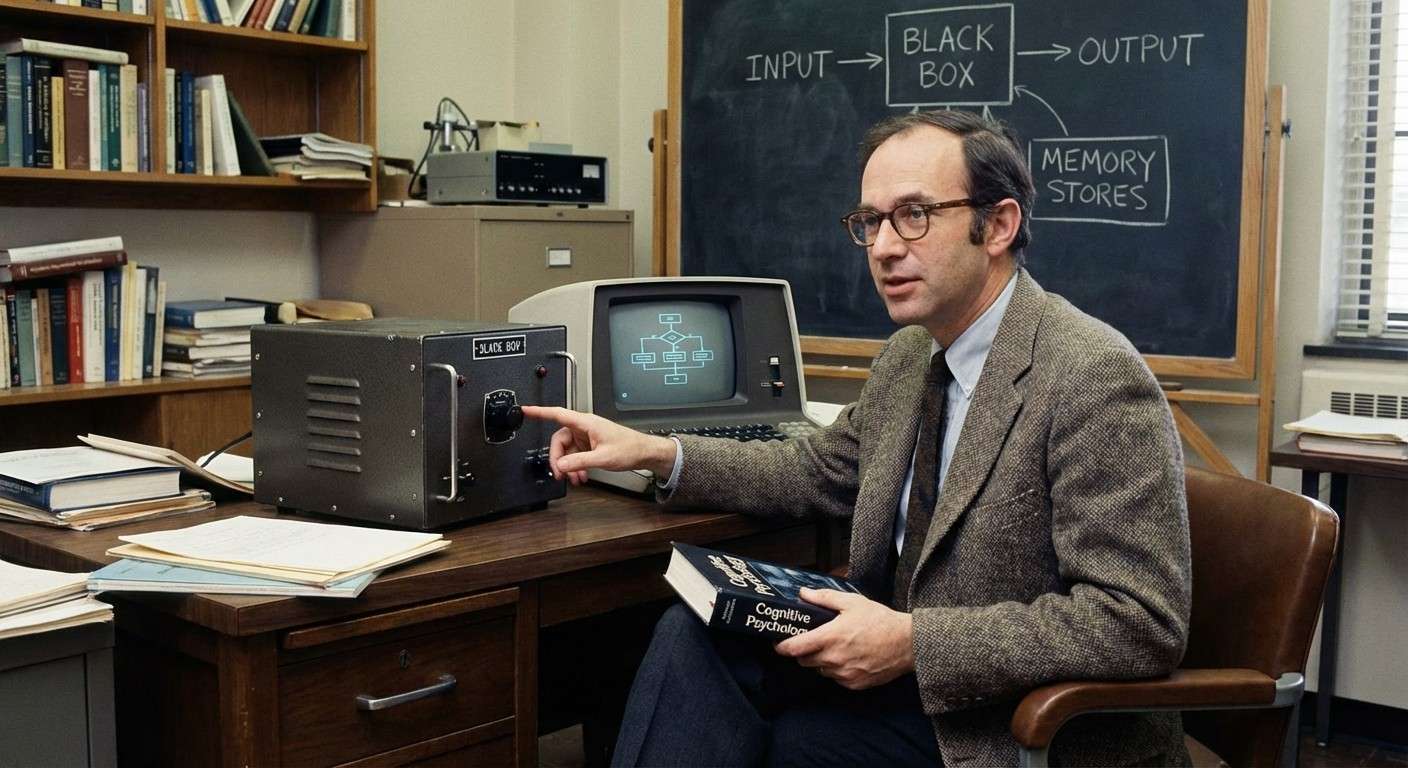 تصویری مفهومی از اولریک نیسر که با کتاب خود، درهای جعبه سیاه مغز را باز می‌کند و راه را برای روان‌شناسی شناختی هموار می‌سازد.