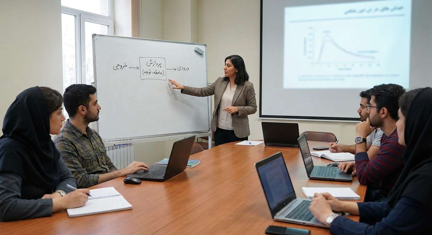 یک نمودار ساده که مدل پردازش اطلاعات را نشان می‌دهد: ورودی، پردازش (حافظه، توجه)، و خروجی.