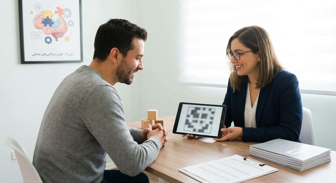 تصویر مفهومی از مغز انسان با نمادهای مختلف توانایی‌های شناختی مانند پازل، کلمات و چرخ‌دنده‌ها که نشان‌دهنده آزمون هوش وکسلر WAIS-IV است.