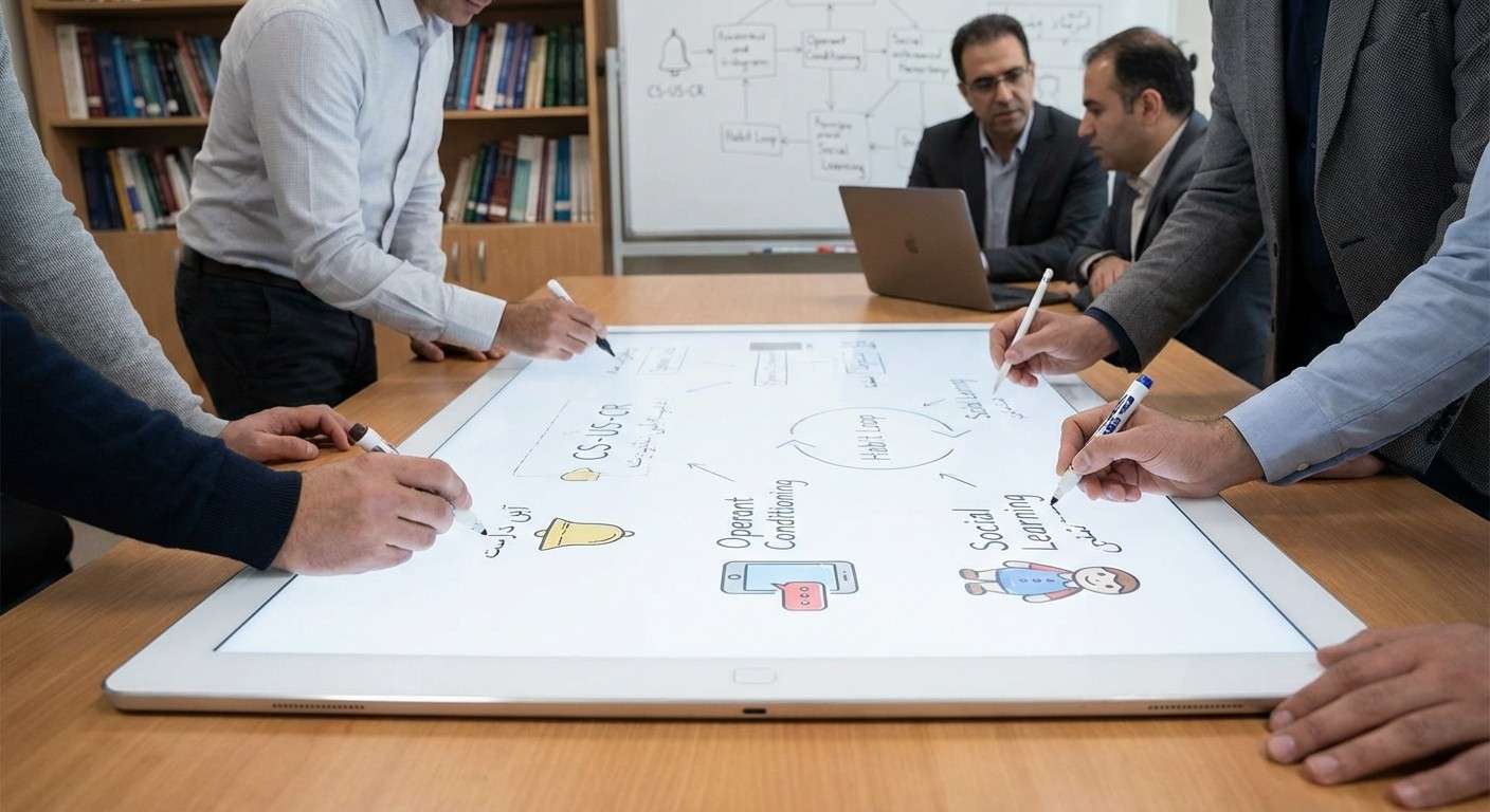 تصویر مفهومی از یک لوح سفید که نماد ذهن نوزاد است و دست‌هایی از محیط اطراف در حال نوشتن و شکل دادن به آن هستند.