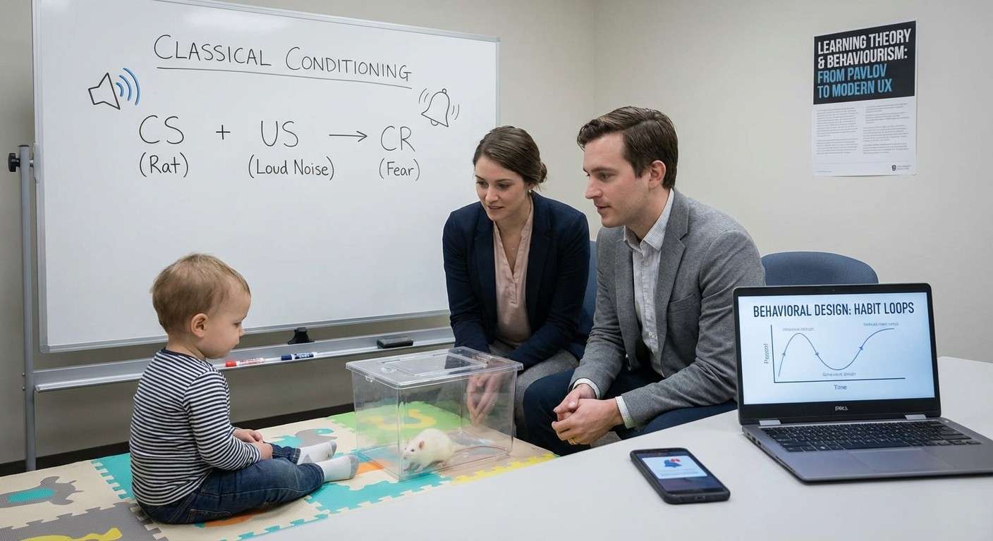 تصویر مفهومی از آزمایش آلبرت کوچولو، یک نوزاد در کنار یک موش سفید و نمادی از صدای بلند در پس‌زمینه.