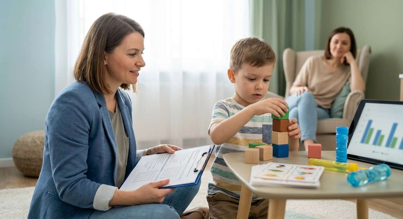 یک متخصص در حال تعامل با کودک در یک اتاق بازی مجهز برای ارزیابی ADOS-2