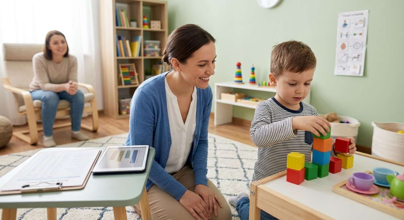 یک متخصص در حال تعامل با یک کودک در یک اتاق بازی مجهز برای ارزیابی ADOS-2