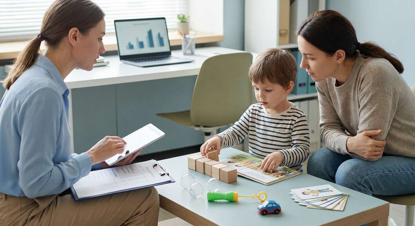 نمایی از ابزارهای مورد استفاده در آزمون ADOS-2 مانند کتاب تصویری و اسباب‌بازی‌های ساختاریافته