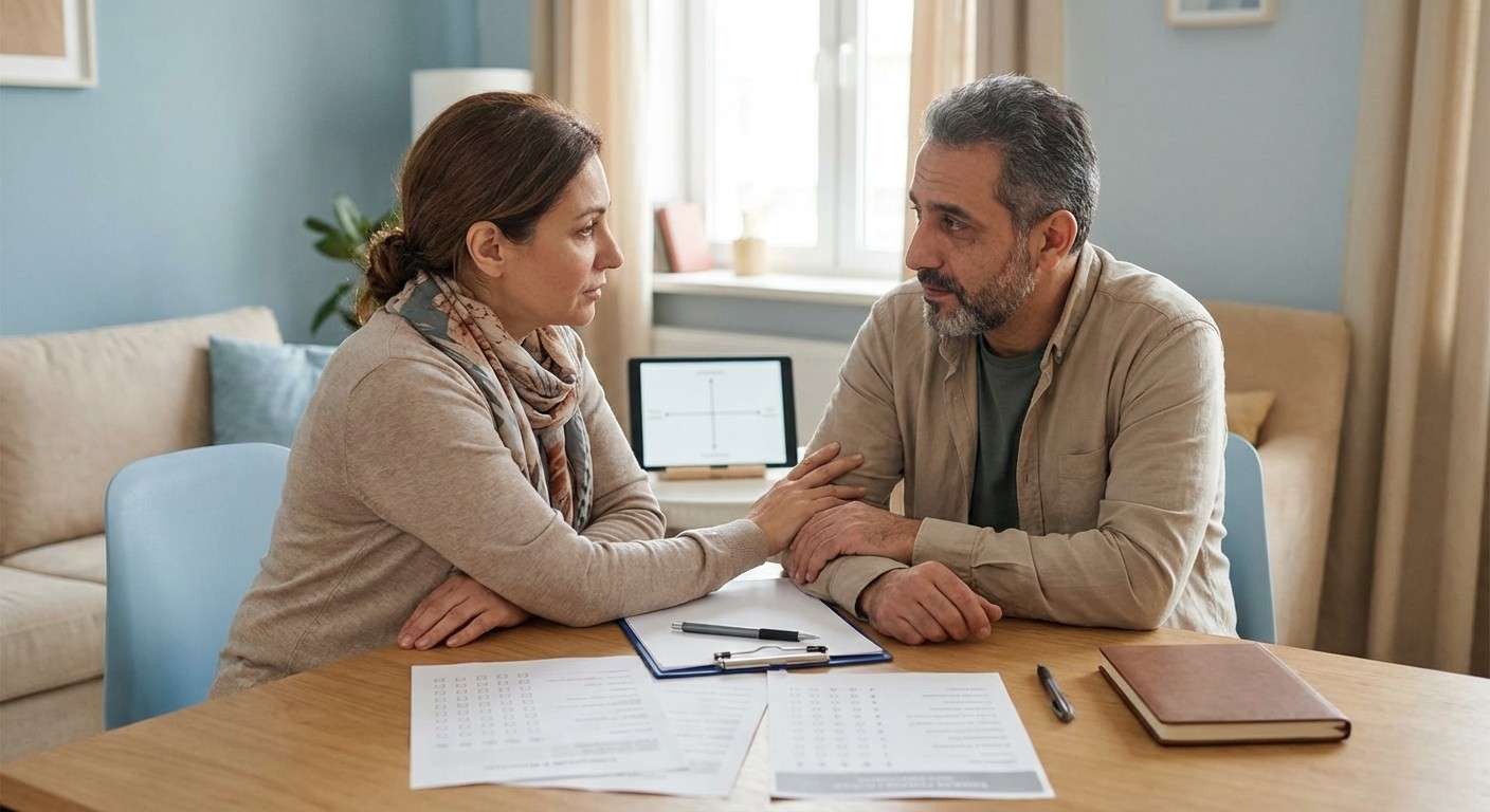 یک زوج در حال گفتگوی عمیق و همدلانه که نشان‌دهنده تلاش برای درک الگوهای دلبستگی یکدیگر است.