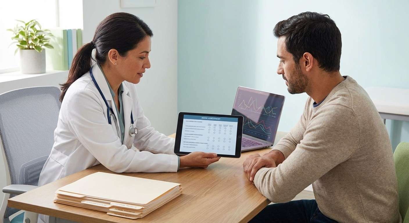 یک پزشک عمومی در حال صحبت با بیمار و نشان دادن یک پرسشنامه کوتاه روی تبلت.