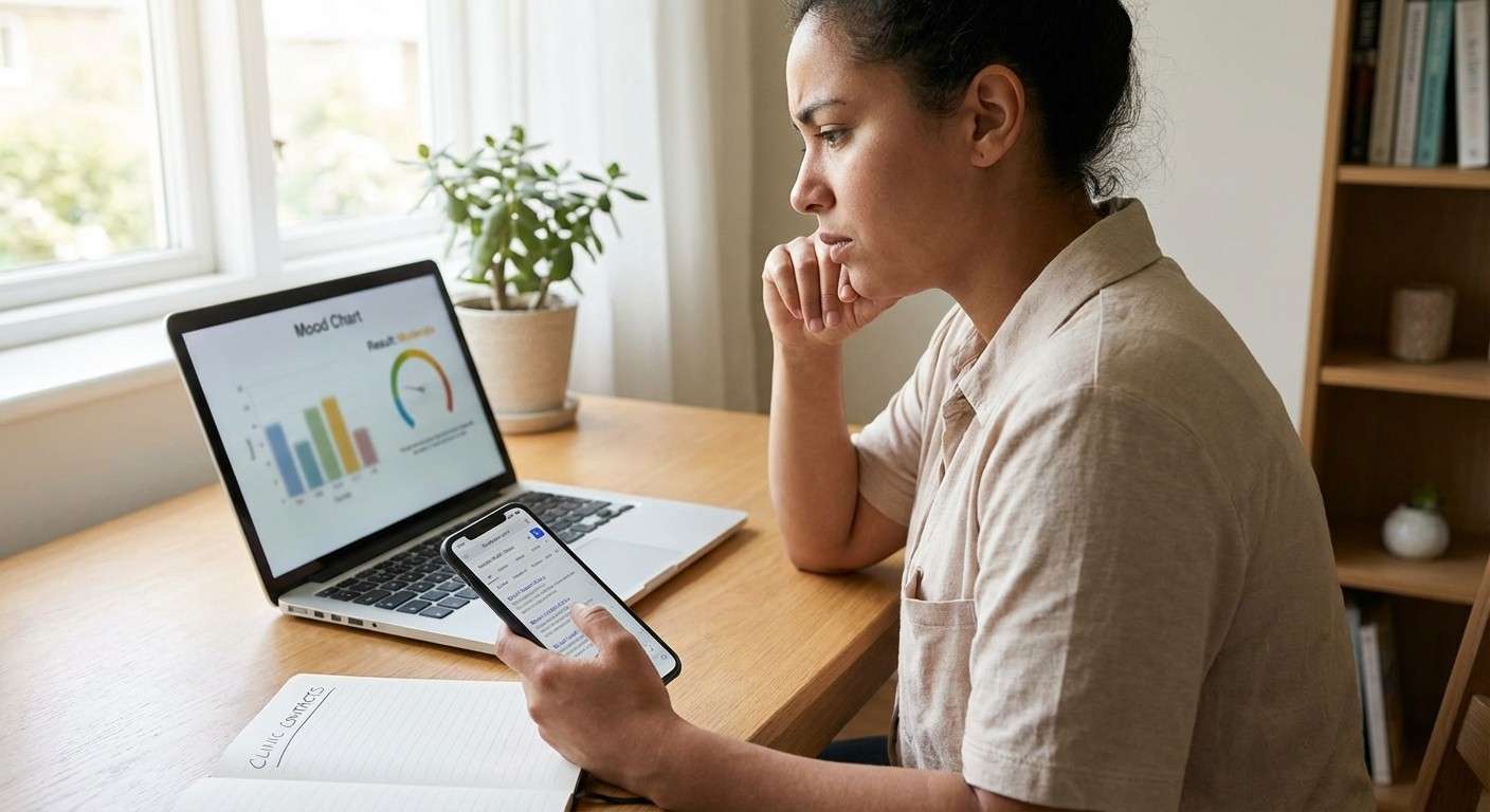 فردی پس از دیدن نتیجه یک پرسشنامه آنلاین، در حال جستجو برای شماره تماس یک کلینیک مشاوره.