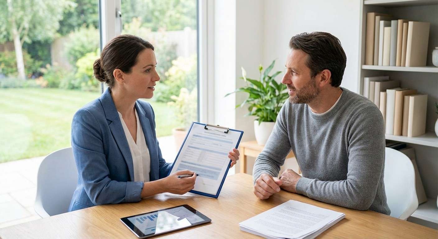 یک متخصص در حال اجرای مصاحبه بالینی ساختاریافته SCID-5 با یک مراجع در محیطی آرام و حرفه‌ای.