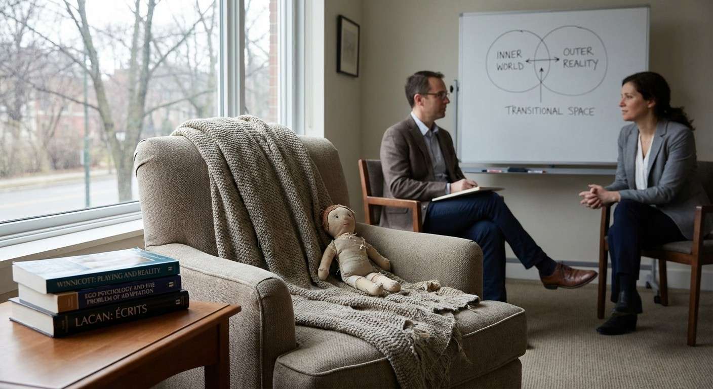 تصویری هنری از یک پتوی کهنه و یک عروسک که در فضایی بین دنیای خیال و واقعیت معلق هستند، نماد نظریه ابژه انتقالی وینیکات.