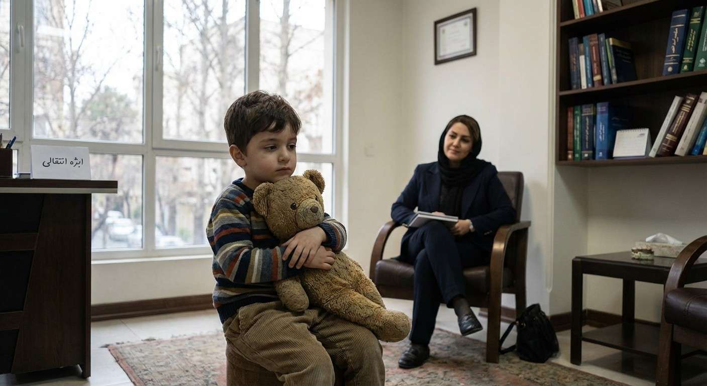 کودکی که یک عروسک خرسی کهنه را محکم در آغوش گرفته است، نماد ابژه انتقالی.