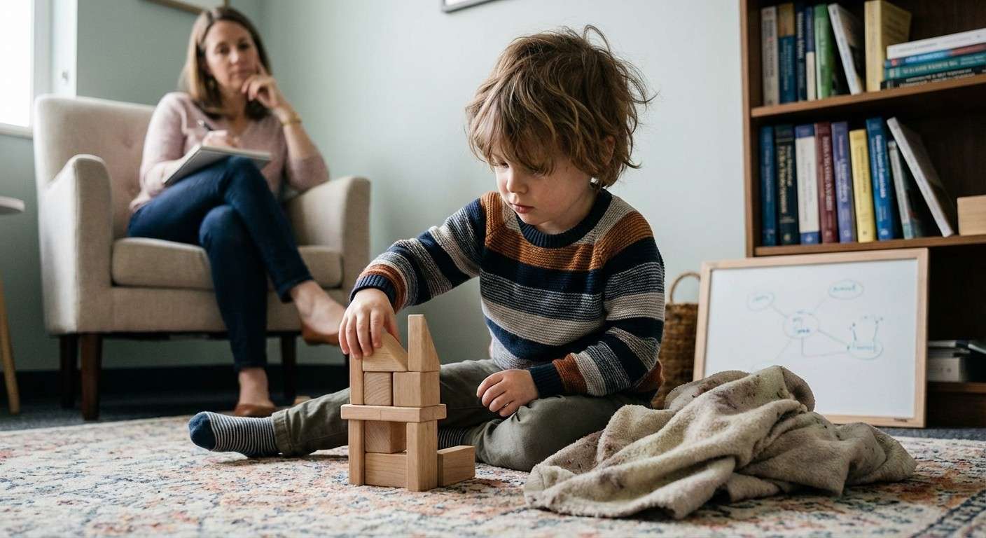 کودکی که با بلوک‌های چوبی در حال ساختن یک قلعه است، نشان‌دهنده بازی خلاق در فضای انتقالی.