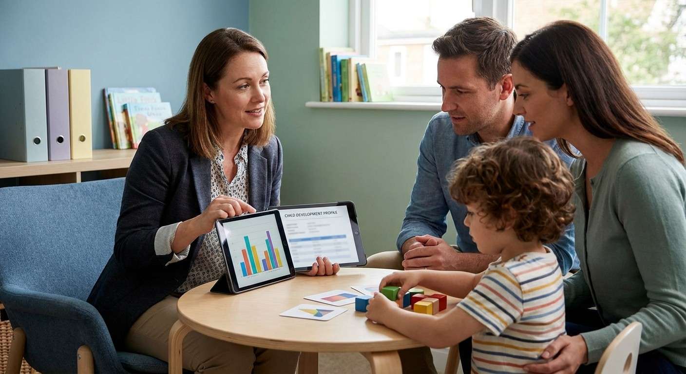 یک روان‌شناس کودک در حال صحبت با والدین و نشان دادن نمودارهای ارزیابی شناختی فرزندشان.