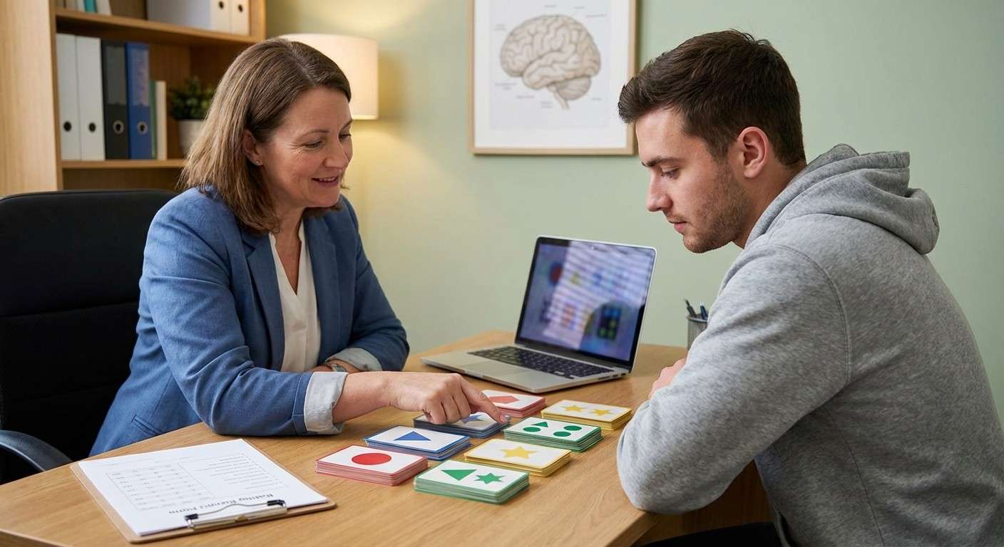 مفهوم آزمون دسته‌بندی کارت ویسکانسین با نمایش کارت‌هایی با اشکال، رنگ‌ها و تعداد متفاوت.