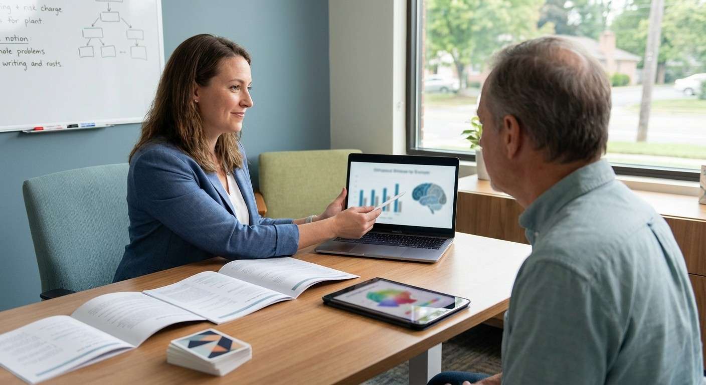 یک متخصص در حال بررسی نمودارها و پروفایل‌های شناختی یک بیمار روی مانیتور.