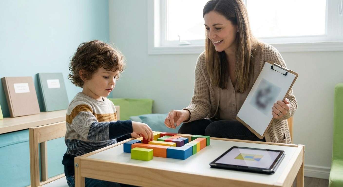 کودک پیش‌دبستانی در حال انجام یک فعالیت شناختی با مکعب‌های رنگی، که نمادی از ارزیابی هوش با آزمون WPPSI-IV است.