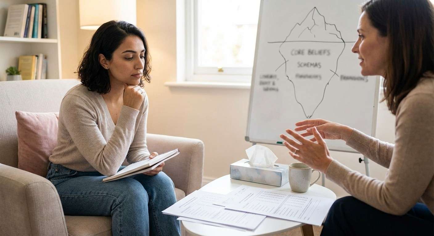 مفهوم طرحواره‌های ناسازگار؛ تصویری از یک کوه یخ که بخش بزرگ و پنهان آن به عنوان باورهای بنیادین، زیر آب قرار دارد.