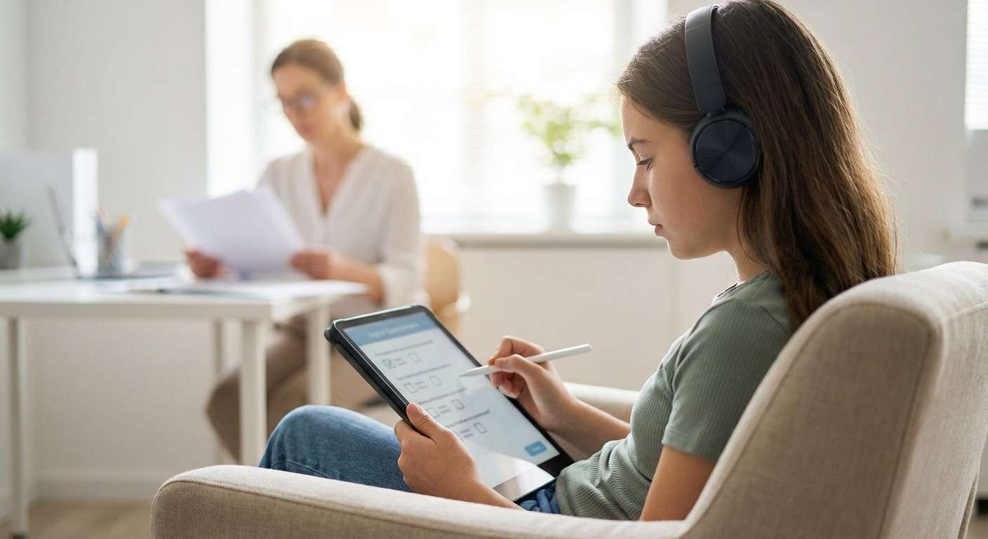 نوجوانی که با هدفون روی گوش، با تمرکز در حال پاسخ دادن به سوالات یک پرسشنامه آنلاین روی تبلت خود است.