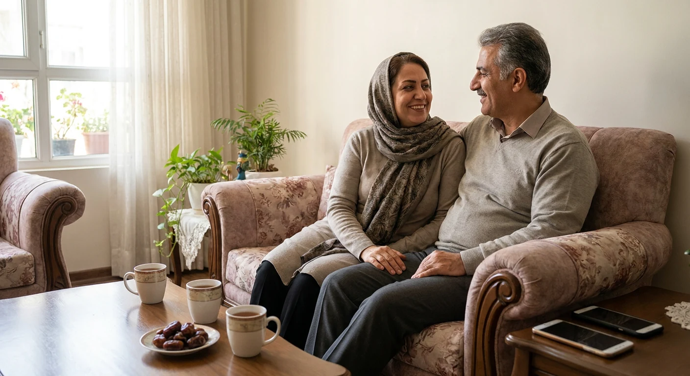 زوجی در حال گفتگوی صمیمی روی کاناپه و بدون استفاده از موبایل، که نشان‌دهنده ارتباط هدفمند است.