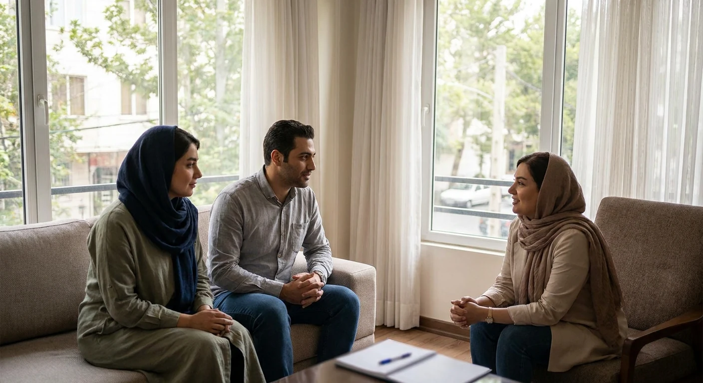 یک زوج جوان که در کافه‌ای نشسته‌اند و با لبخند در حال گفتگو هستند، نمادی از انتقال موفقیت‌آمیز رابطه از فضای آنلاین به دنیای واقعی.