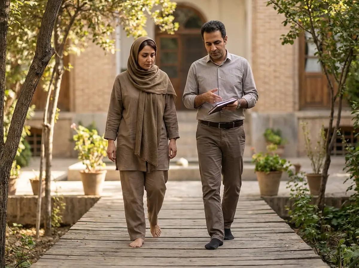نمایی از پاهای فردی که در حال انجام مدیتیشن راه رفتن روی سطح چوبی است.