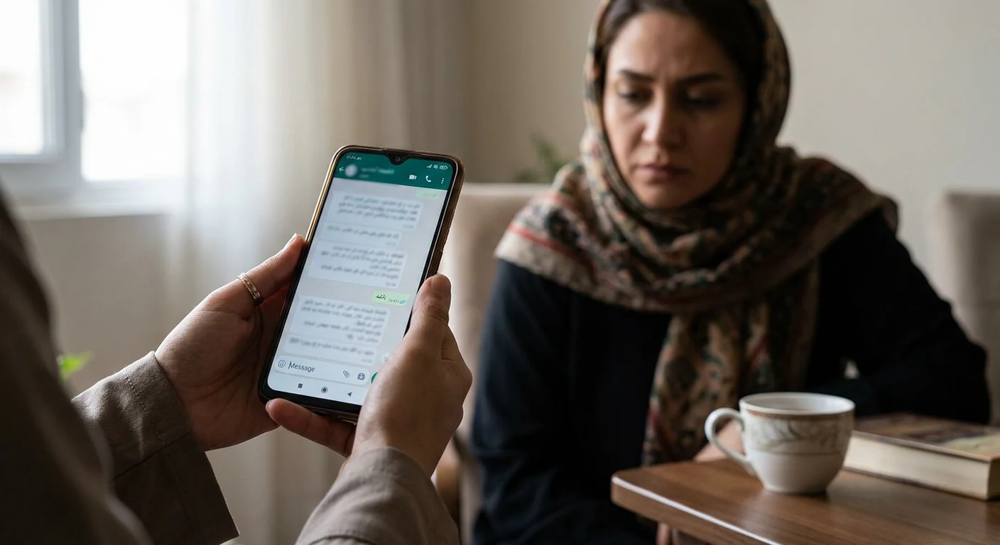 نمایی نزدیک از صفحه گوشی که یک مکالمه متنی مبهم را نشان می‌دهد و فردی با حالتی نگران به آن نگاه می‌کند.
