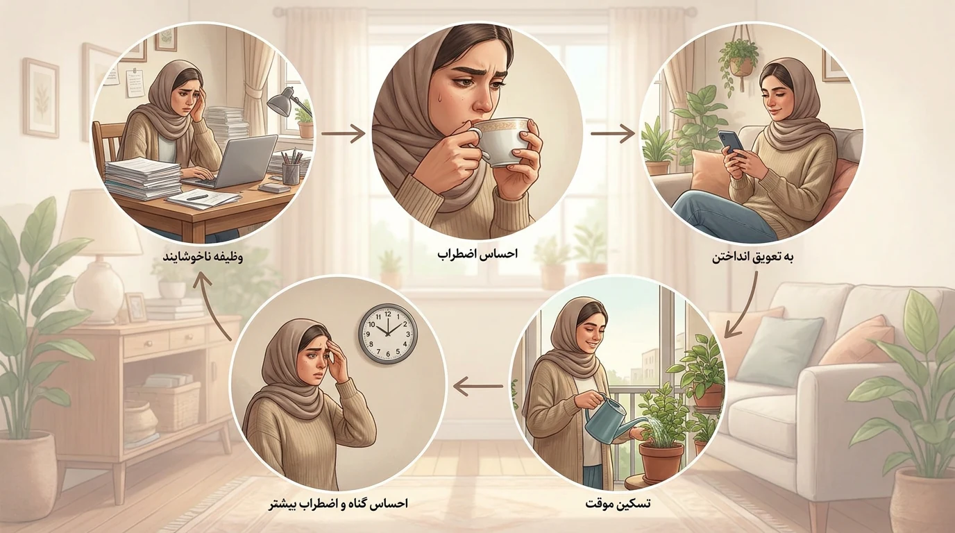 نمودار چرخه اهمالکاری که با یک وظیفه شروع شده، به احساسات منفی، تعویق، تسکین موقت و در نهایت پشیمانی و اضطراب بیشتر منجر میشود.