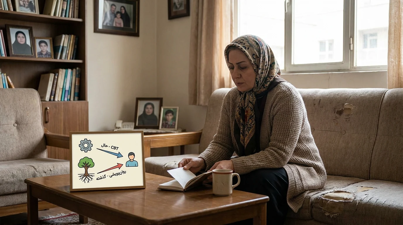 نمودار مقایسهای دو رویکرد درمانی؛ یک پیکان برای CBT که از افکار به رفتار در زمان حال اشاره دارد و یک پیکان برای روانپویشی که از گذشته و ریشهها به سمت حال میآید.