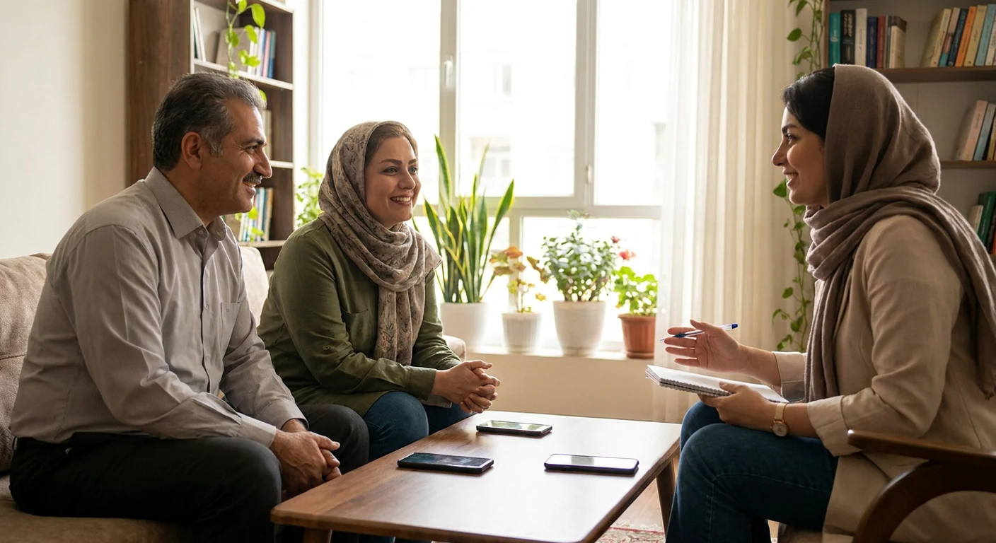زوجی که با کنار گذاشتن تلفنهای همراه، در حال برقراری ارتباط چشمی و گفتگوی صمیمانه هستند.