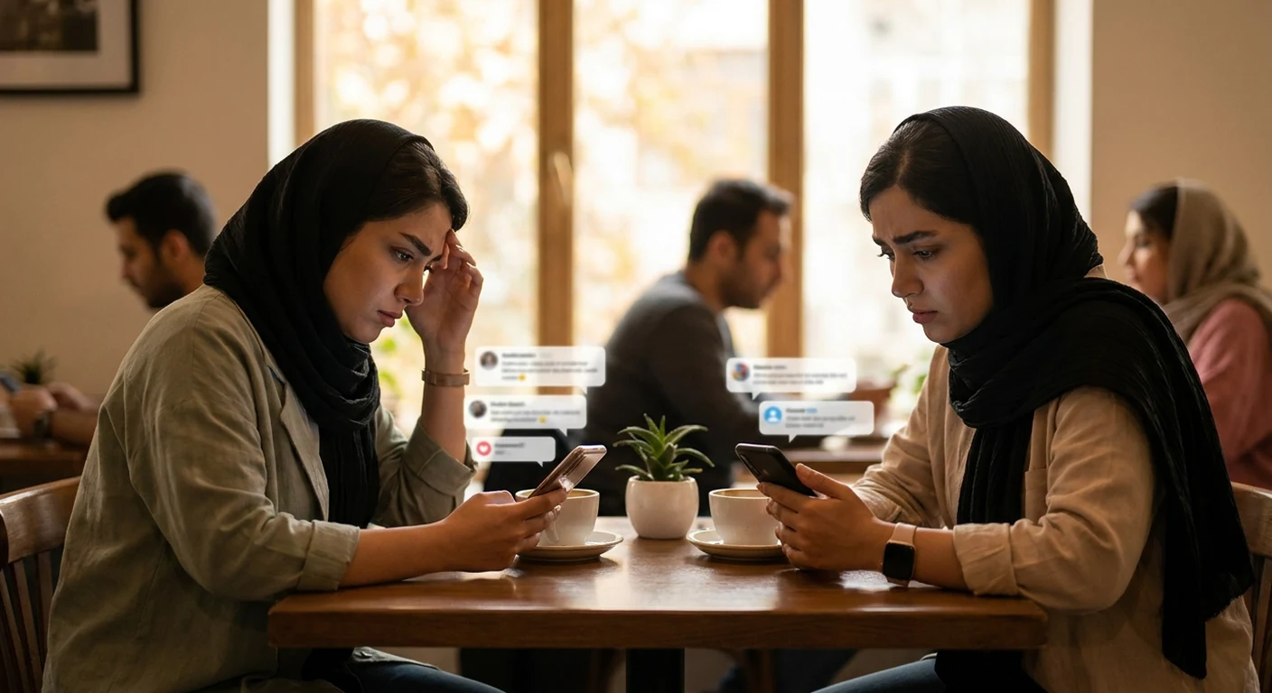 زوجی که به خاطر نظرات دیگران در شبکههای اجتماعی احساس فشار میکنند و نگران به نظر میرسند.