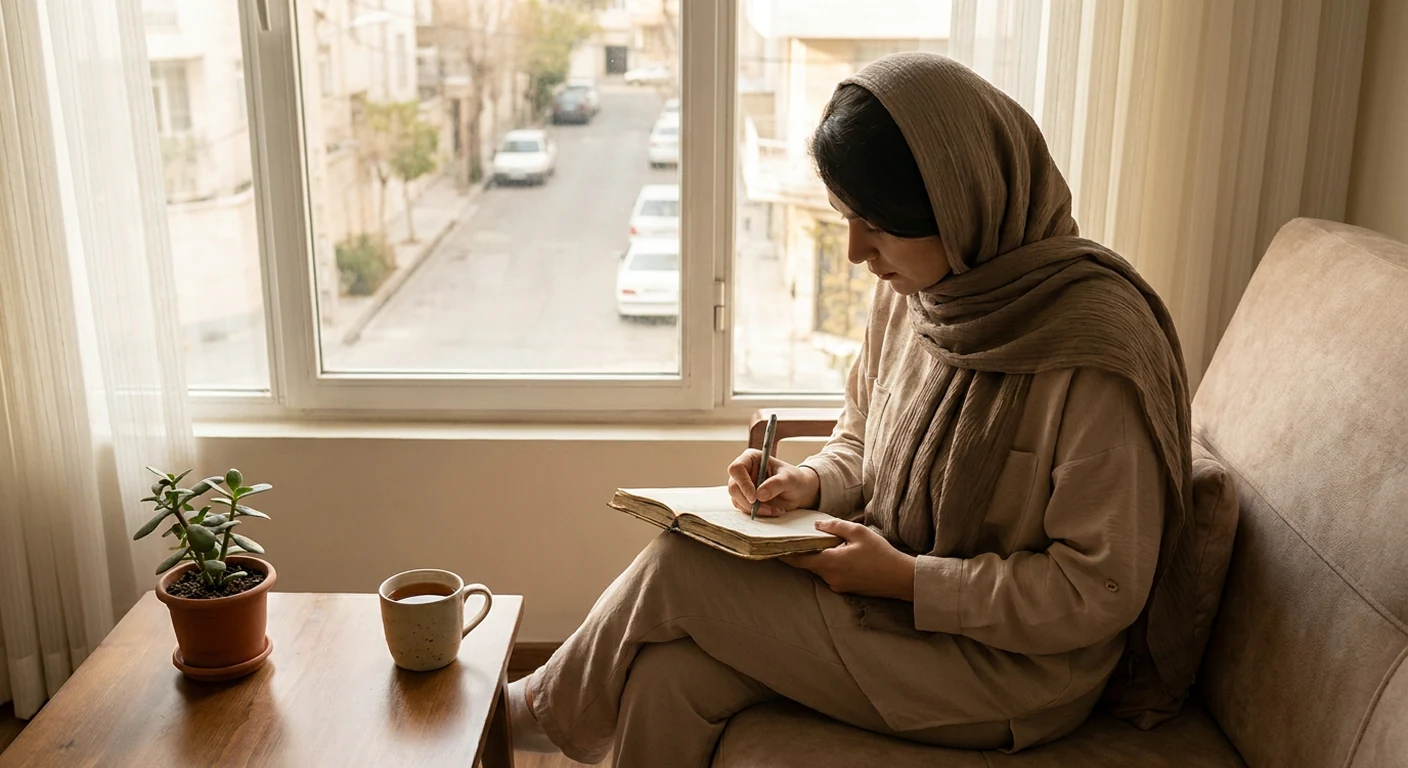 فردی در حال طراحی یک سبک زندگی متعادل و پایدار با استفاده از دفترچه و قلم، در فضایی آرام و به دور از حواس‌پرتی‌های دیجیتال.