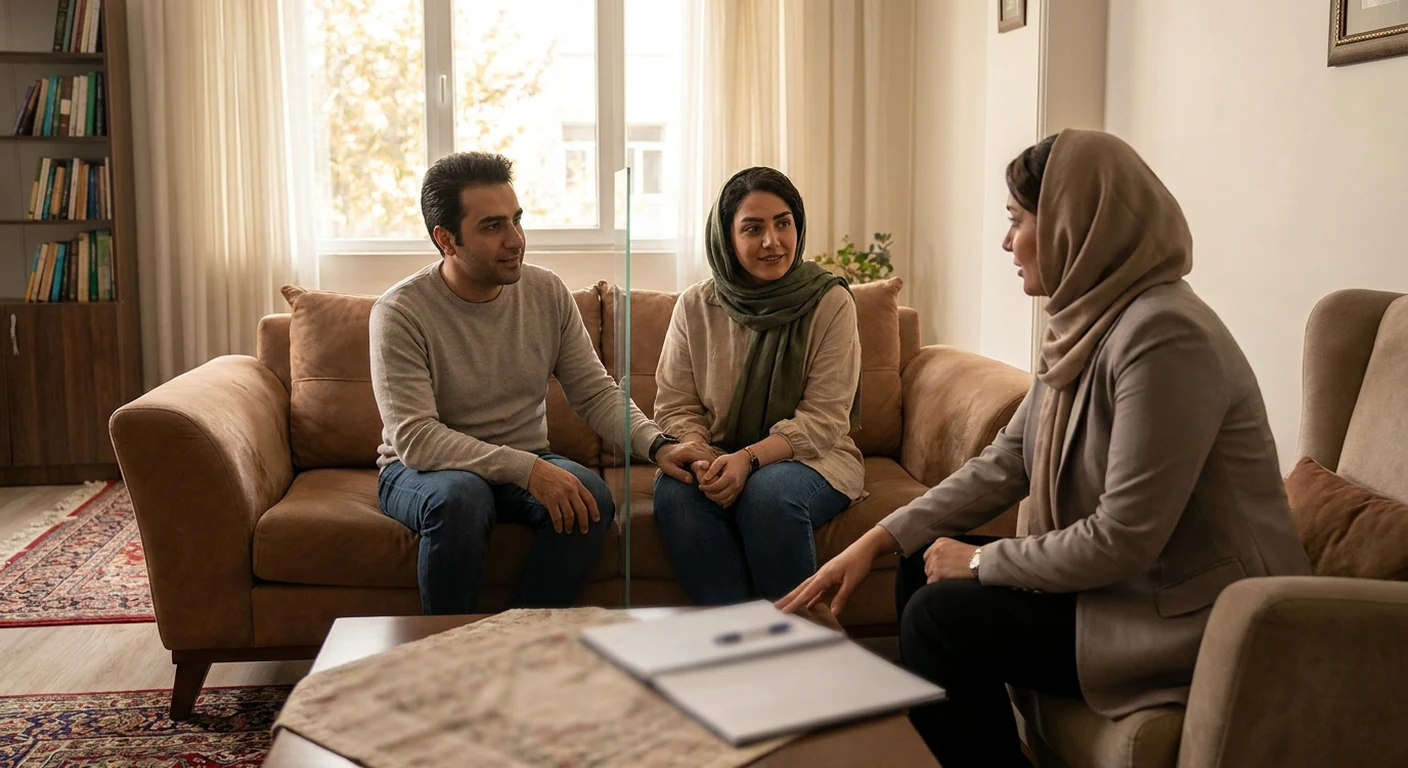 یک زوج که روی مبل از هم فاصله گرفته‌اند و هر کدام در دنیای خودشان هستند، نمادی از قطع ارتباط عاطفی ناشی از ADHD.