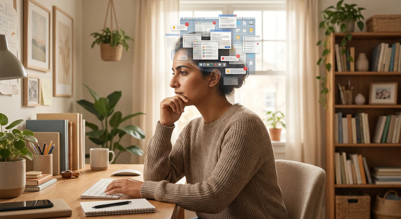 تصویری مفهومی از ذهن یک فرد مبتلا به ADHD بزرگسالی که پر از افکار، وظایف و ایدههای درهمتنیده است.