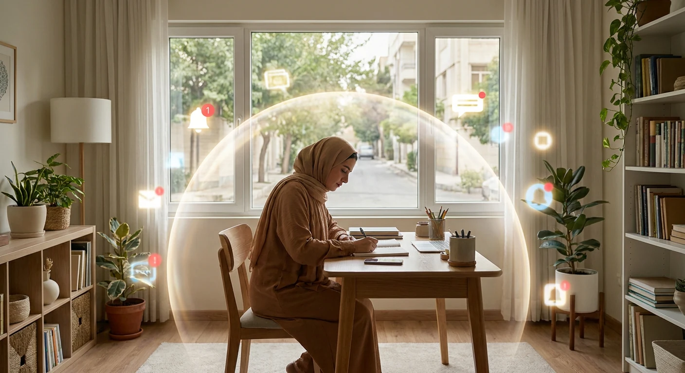 فردی در یک حباب شفاف و آرام در حال کار عمیق است، در حالی که دنیای دیجیتال شلوغ و پر از نوتیفیکیشن در بیرون حباب قرار دارد. این تصویر نماد پناهگاه تمرکز است.
