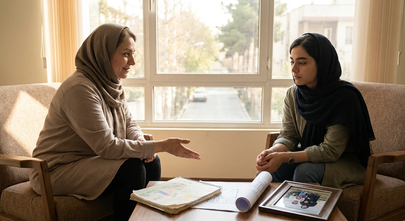 نوجوانی که در یک سه‌راهی ایستاده و به سه مسیر مختلف نگاه می‌کند: یک مسیر با نمادهای علاقه، یک مسیر با نمادهای استعداد و یک مسیر با سایه والدین.
