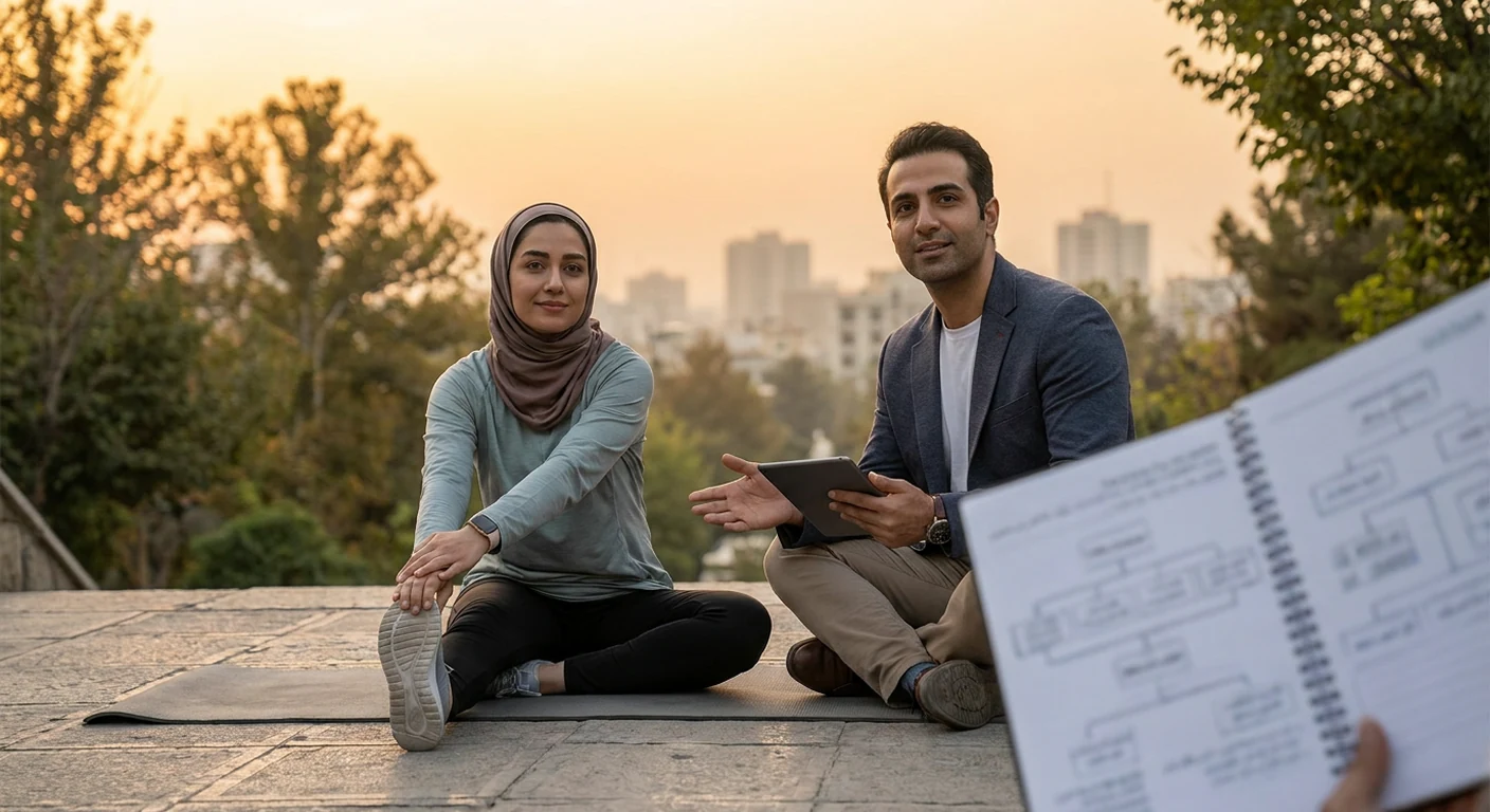 فردی در حال انجام یوگا در یک پارک سرسبز هنگام طلوع آفتاب، نماد آرامش و ارتباط با بدن به عنوان بخشی از مدیریت ADHD.