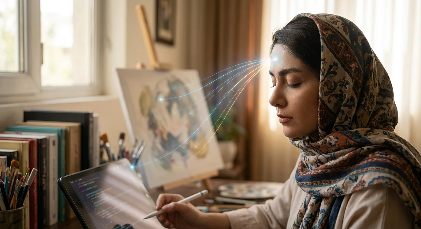 تصویری مفهومی از درهمتنیدگی ذهن انسان و کدهای دیجیتال، نمادی از همکاری یا تقابل خلاقیت انسانی و هوش مصنوعی.