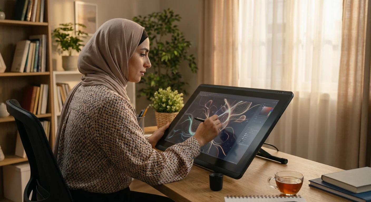 یک هنرمند در حال بررسی و ویرایش یک اثر هنری پیچیده که با کمک هوش مصنوعی خلق شده است.